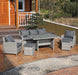 a lifestyle image of the 6 piece rattan garden dining set in grey from ramoche