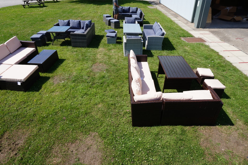 Carnation 7 Piece Rattan Outdoor Sofa Dining Set in Brown & Beige