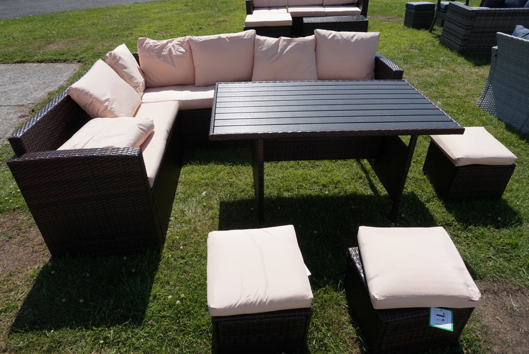 Carnation 7 Piece Rattan Outdoor Sofa Dining Set in Brown & Beige