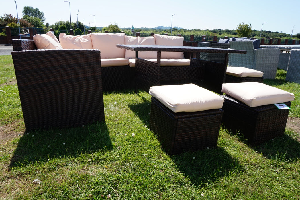 Carnation 7 Piece Rattan Outdoor Sofa Dining Set in Brown & Beige
