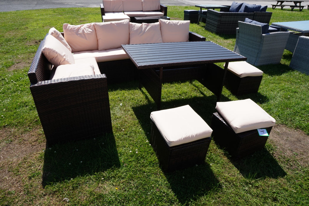 Carnation 7 Piece Rattan Outdoor Sofa Dining Set in Brown & Beige