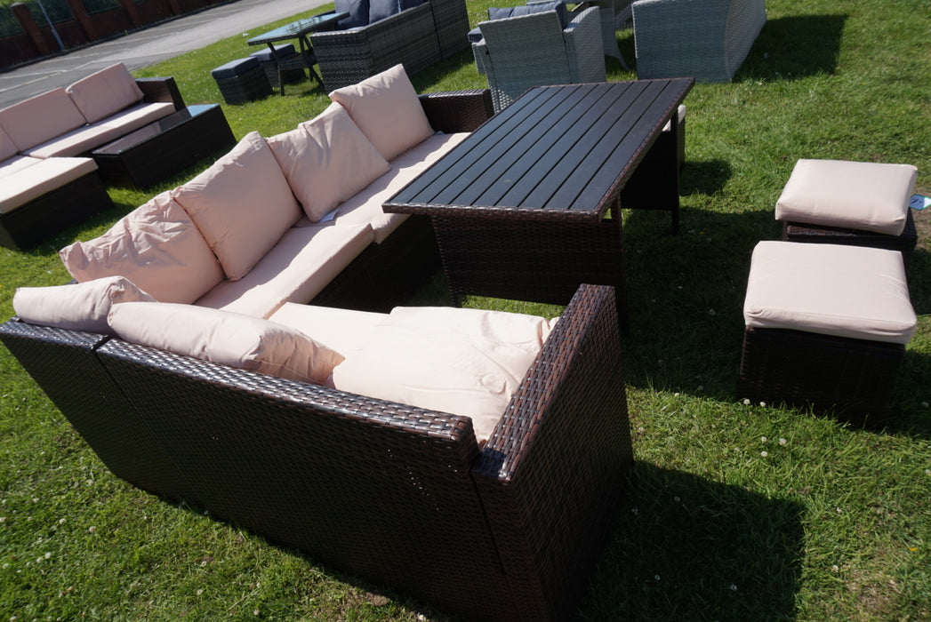 Carnation 7 Piece Rattan Outdoor Sofa Dining Set in Brown & Beige
