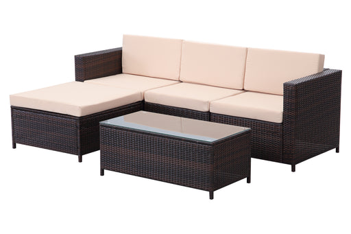 Ramoche's 2 piece beige and brown corner sofa and coffee table set on a plain background