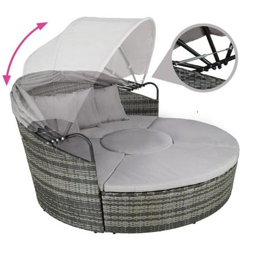 a demonstration of how the day bed's canopy folds and unfolds